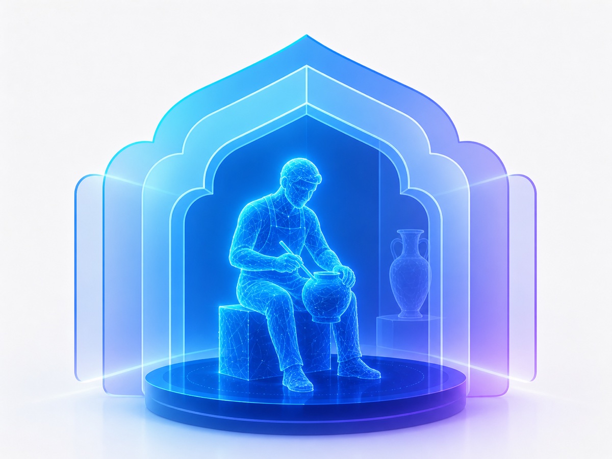 A preserved wireframe craftsperson working with pottery inside translucent architectural layers