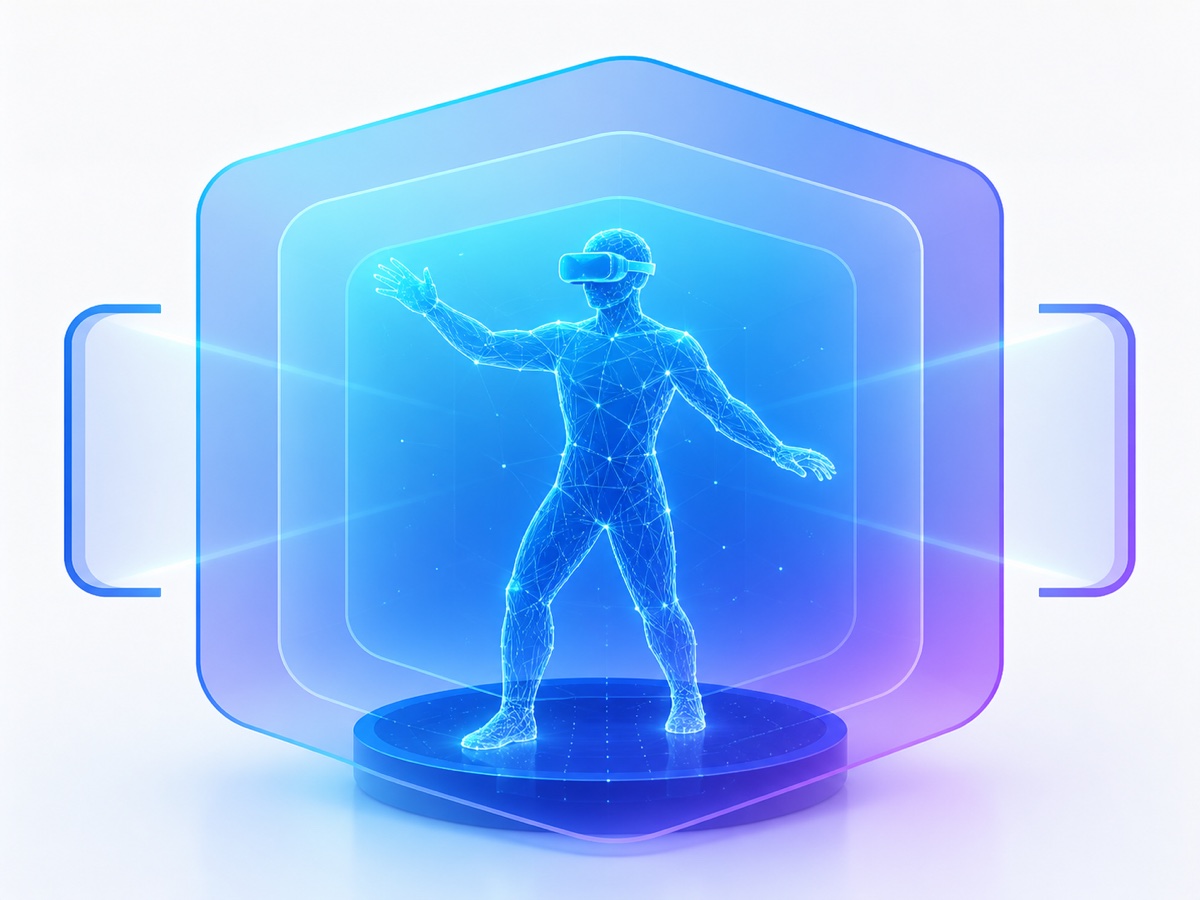 A wireframe volumetric performer wearing an XR headset within translucent spatial layers