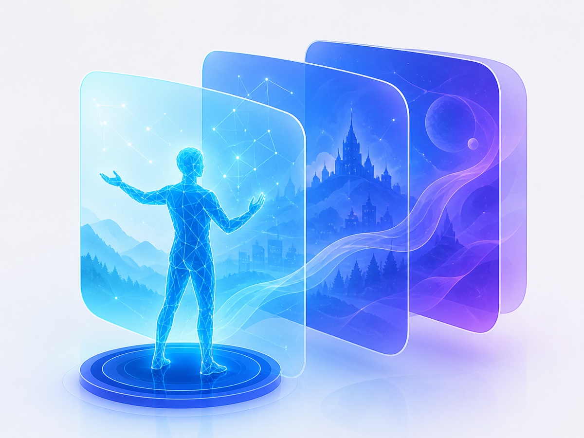 A wireframe storyteller standing before layered translucent narrative worlds