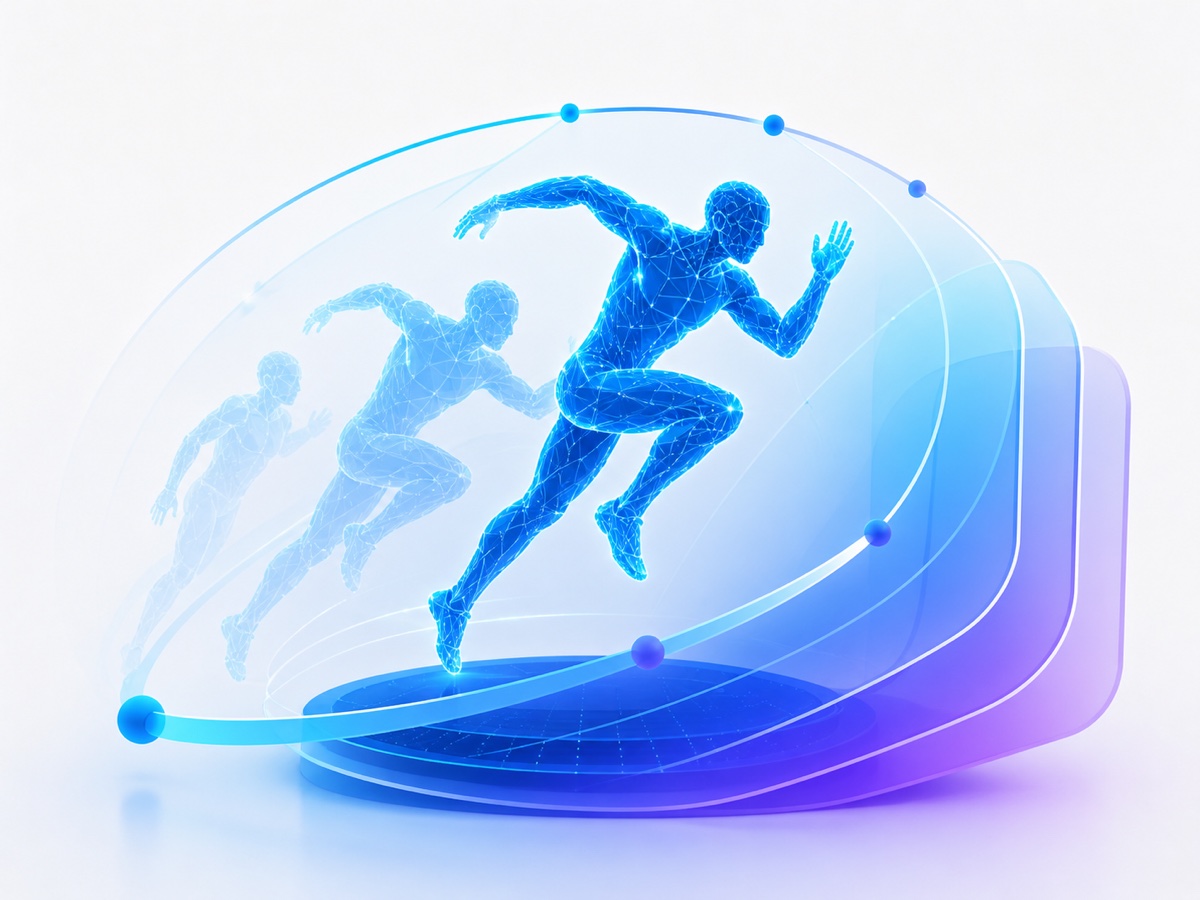 A wireframe athlete shown through successive motion poses and curved replay paths