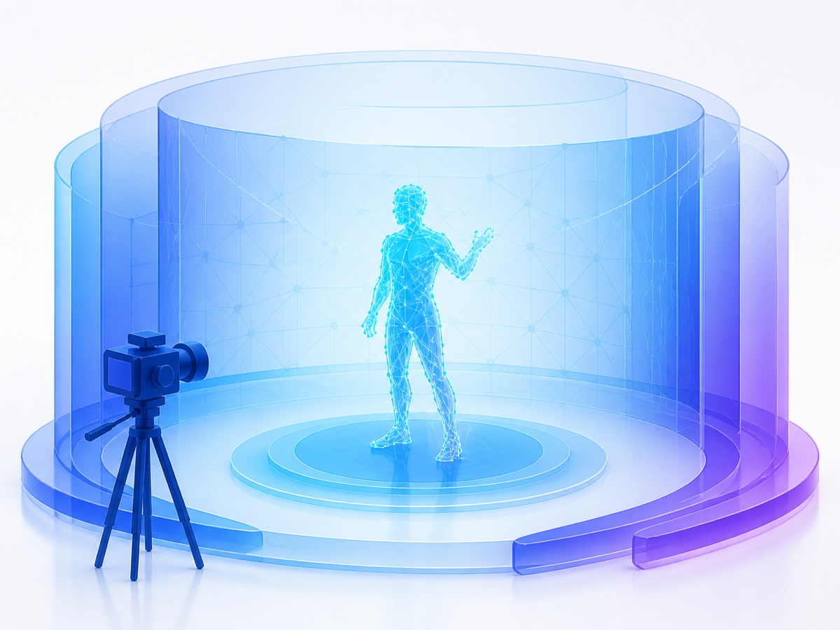 A camera capturing a wireframe volumetric performer on a translucent virtual production stage