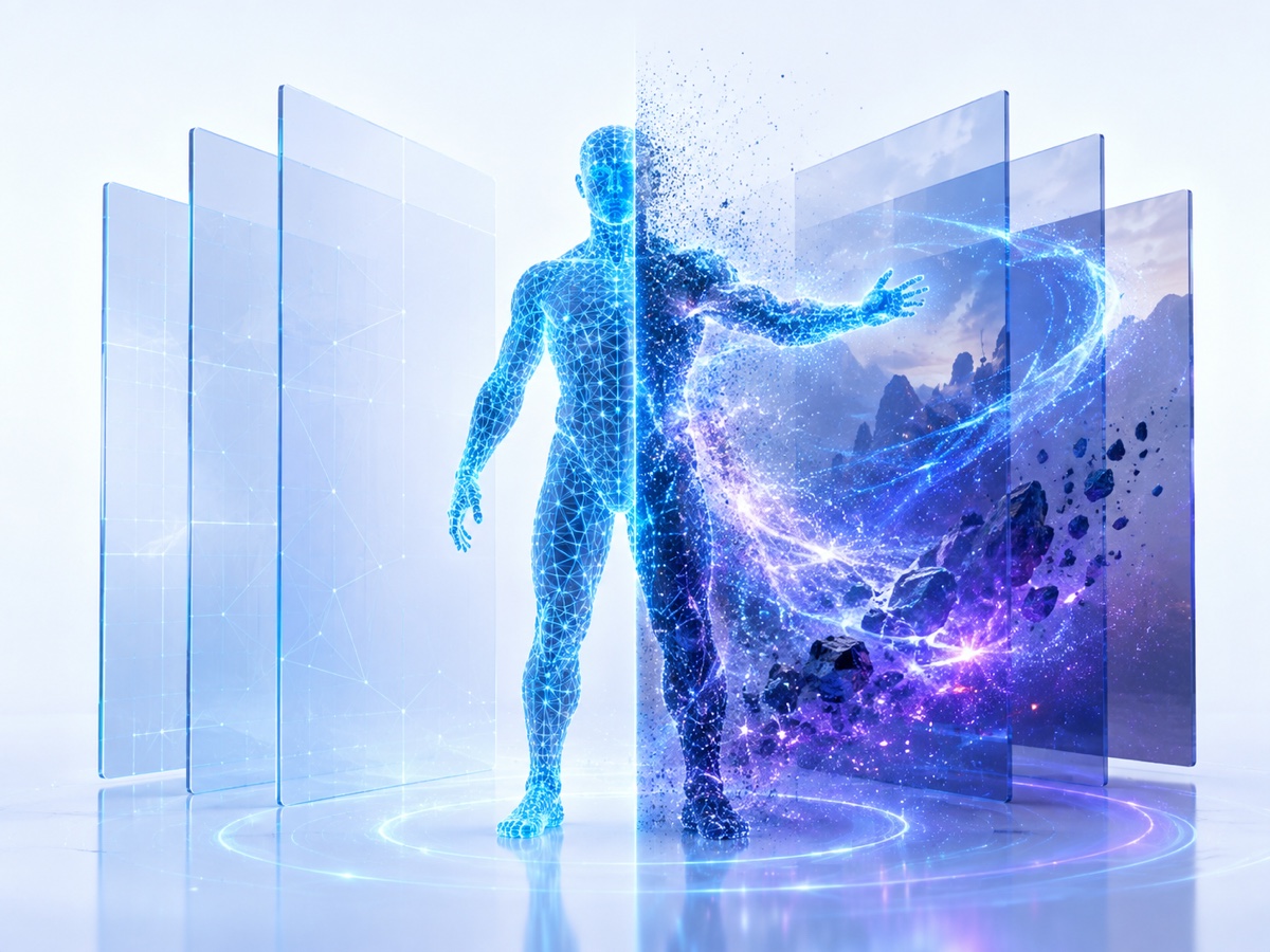 A wireframe volumetric performer transitioning through compositing layers into a particle-rich digital environment